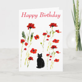 Poppy Cute Black Cat Floral Kaart