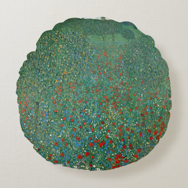 Poppy Field door Gustav Klimt,  Art Nouveau Rond Kussen (Voorkant)
