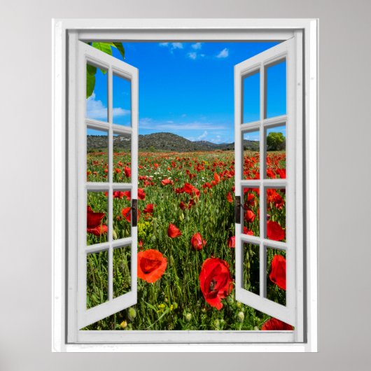 Poppy Field Faux Artificial Window Uitzicht Poster (Voorkant)