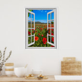 Poppy Field Faux Artificial Window Uitzicht Poster (Keuken)