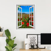 Poppy Field Faux Artificial Window Uitzicht Poster (Thuiskantoor)