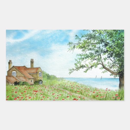 Poppy Field Landscape Waterverf Painting Rechthoekige Sticker (Voorkant)
