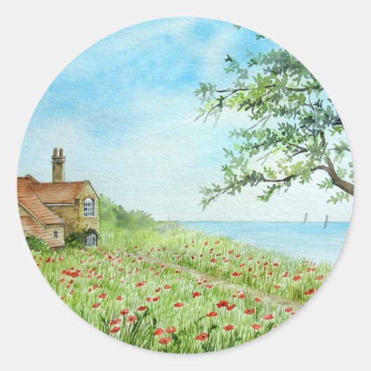 Poppy Field Landscape Waterverf Painting Ronde Sticker (Voorkant)