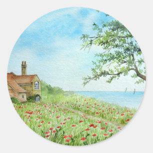 Poppy Field Landscape Waterverf Painting Ronde Sticker
