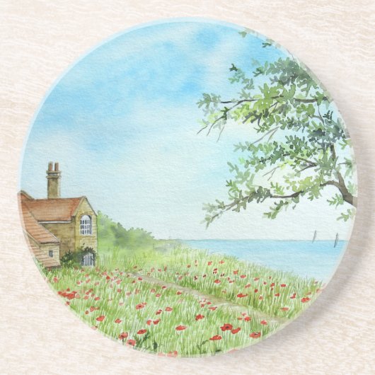 Poppy Field Landscape Waterverf Painting Zandsteen Onderzetter (Voorkant)