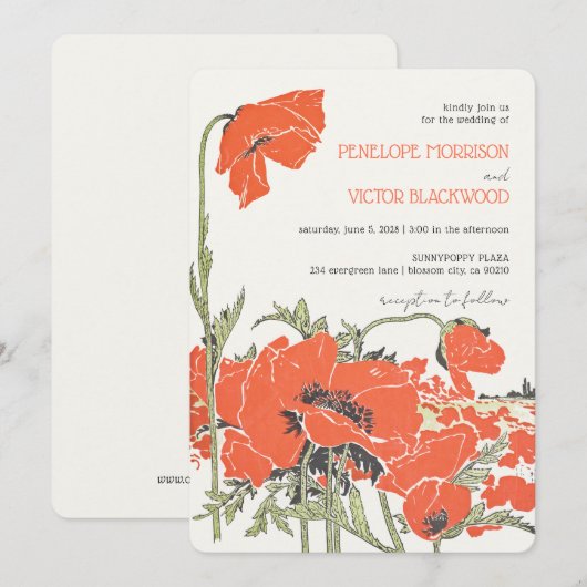  Poppy Field Letterpress Stijl Trouwen Kaart (Voorkant / Achterkant)