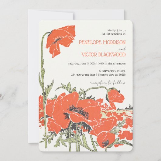  Poppy Field Letterpress Stijl Trouwen Kaart (Voorkant)