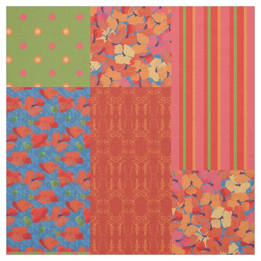 Poppy Fields Patronen Faux Patchwork Fabric Stof (Swatch)