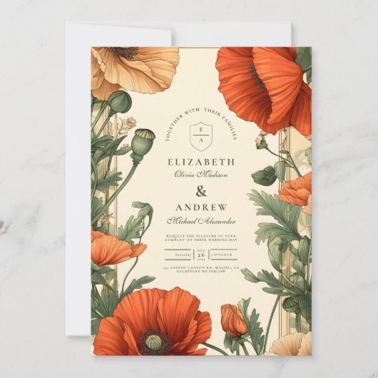  Poppy Floral Art Nouveau bruiloft Kaart (Voorkant)