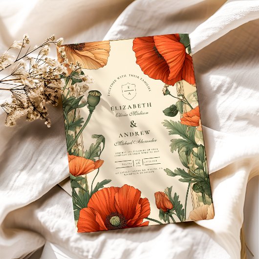 Poppy Floral Art Nouveau bruiloft Kaart
