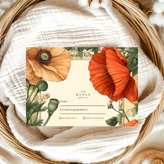  Poppy Floral Art Nouveau bruiloft RSVP Kaartje