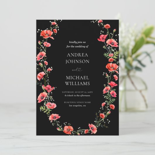 Poppy Floral Hart Script Lente Botanische bruiloft Kaart (Staand voorkant)