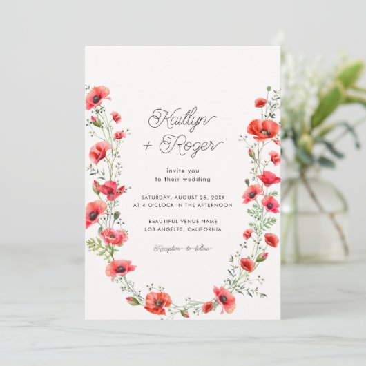 Poppy Floral Lijst Lente Bloem Botanische Bruiloft Kaart (Staand voorkant)