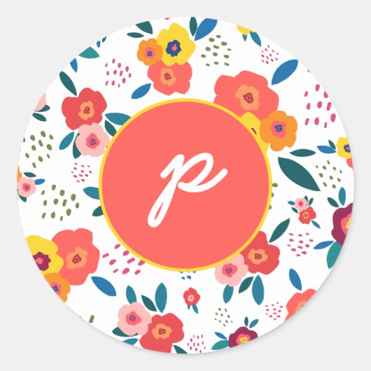 Poppy Floral Pattern Coral Script Monogram Ronde Sticker (Voorkant)