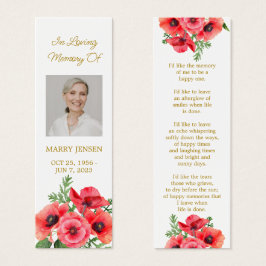 Poppy Floral Photo Funeral Memorial Bookmark Mini Visitekaartjes