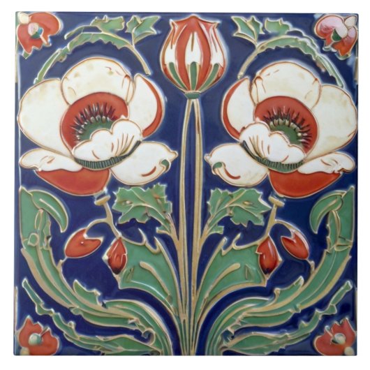 Poppy Flower Art Deco Nouveau Europese volkskunst Tegeltje (Voorkant)