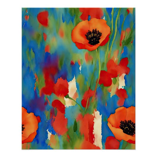 Poppy Flower Field Waterverf Abstract Perfect Poster (Voorkant)