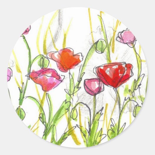 Poppy Flower Fields Zomer Wildflower Schilderij Ronde Sticker (Voorkant)