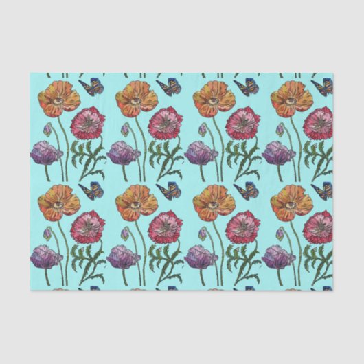  Poppy Flower Floral Aqua Pattern Waterverf Tissuepapier (Voorkant)