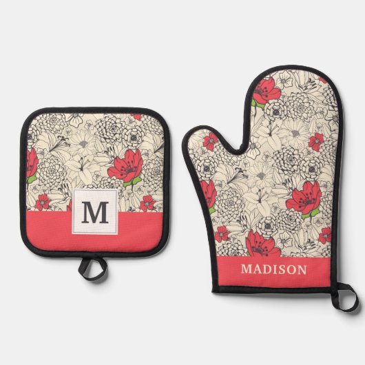 Poppy flower Garden Pattern Ovenwant & Pannenlap Set (Voorkant)