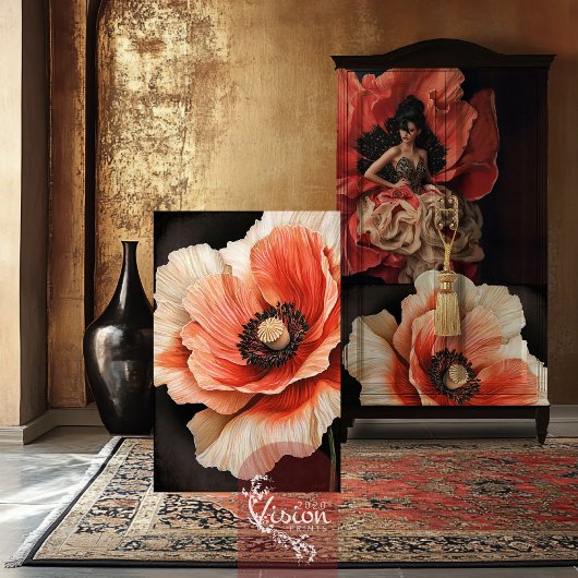 Poppy Flower Macro Close-up Red Coral & Black Tissuepapier