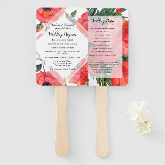 Poppy Flower Waterverf Red Rehearsal Dinner invull Handwaaier (Voorkant en achterkant)