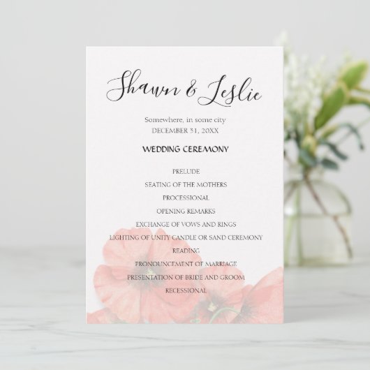 Poppy Flower Wedding Ceremony Programme Kaart (Staand voorkant)