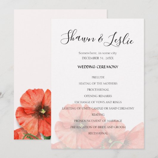 Poppy Flower Wedding Ceremony Programme Kaart (Voorkant / Achterkant)