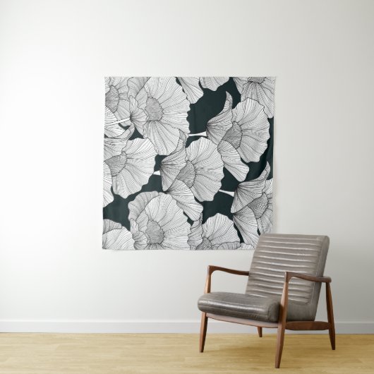 Poppy Flower, zwarte witte lijn. Wandkleed (In Situ (horizontaal))