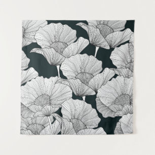 Poppy Flower, zwarte witte lijn. Wandkleed
