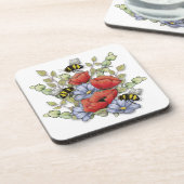 Poppy Flowers and Bees Digital Drawing, Botanical  Bier Onderzetter (Linkerzijde)