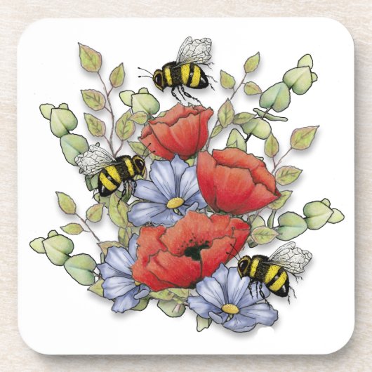 Poppy Flowers and Bees Digital Drawing, Botanical  Bier Onderzetter (Voorkant)
