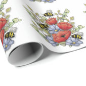 Poppy Flowers and Bees Digital Drawing, Botanical  Cadeaupapier (Rol Hoek)