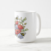 Poppy Flowers and Bees Digital Drawing, Botanical  Koffiemok (Voorkant rechts)