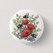 Poppy Flowers and Bees Digital Drawing, Botanical  Ronde Button 3,2 Cm (Voorkant)