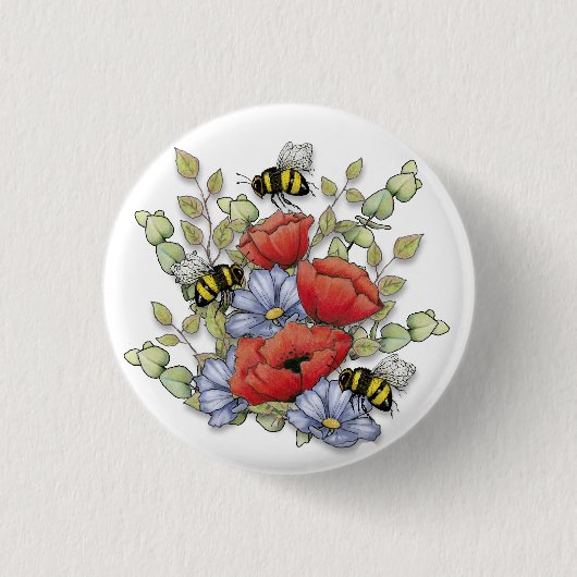 Poppy Flowers and Bees Digital Drawing, Botanical Ronde Button 3,2 Cm (Voorkant)