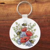 Poppy Flowers and Bees Digital Drawing, Botanical Sleutelhanger (Achterkant)