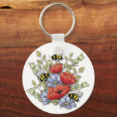 Poppy Flowers and Bees Digital Drawing, Botanical Sleutelhanger (Voorkant)
