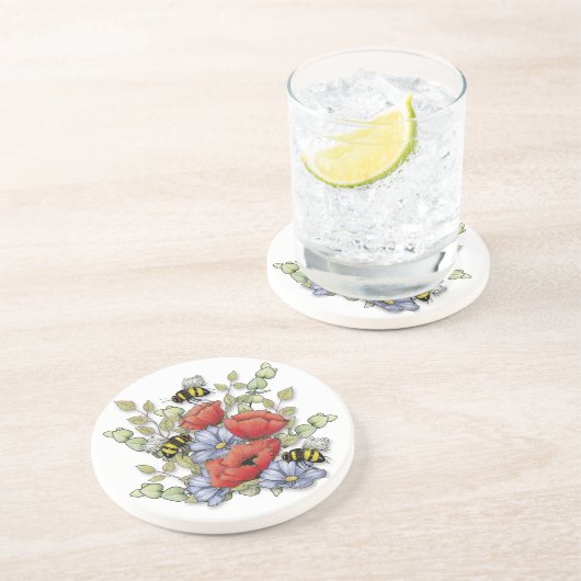 Poppy Flowers and Bees Digital Drawing, Botanical  Zandsteen Onderzetter (Zijkant)