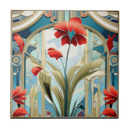 Poppy Flowers Art Deco Design keramische Tegel Tegeltje