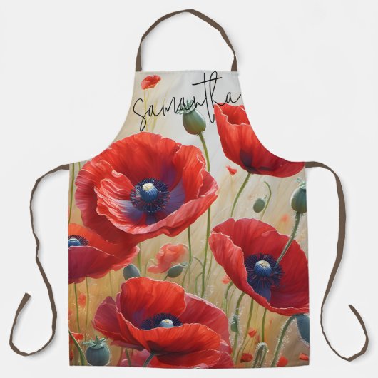 Poppy Flowers Blossom Gepersonaliseerde naam Keuke Schort (Voorkant)