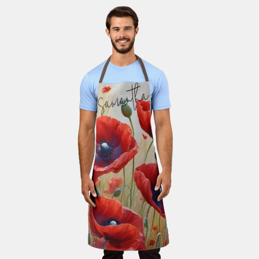 Poppy Flowers Blossom Gepersonaliseerde naam Keuke Schort (Gedragen)