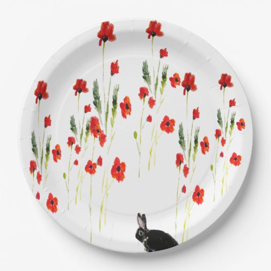 Poppy Flowers Bunny Rabbit Floral Papieren Bordje (Voorkant)