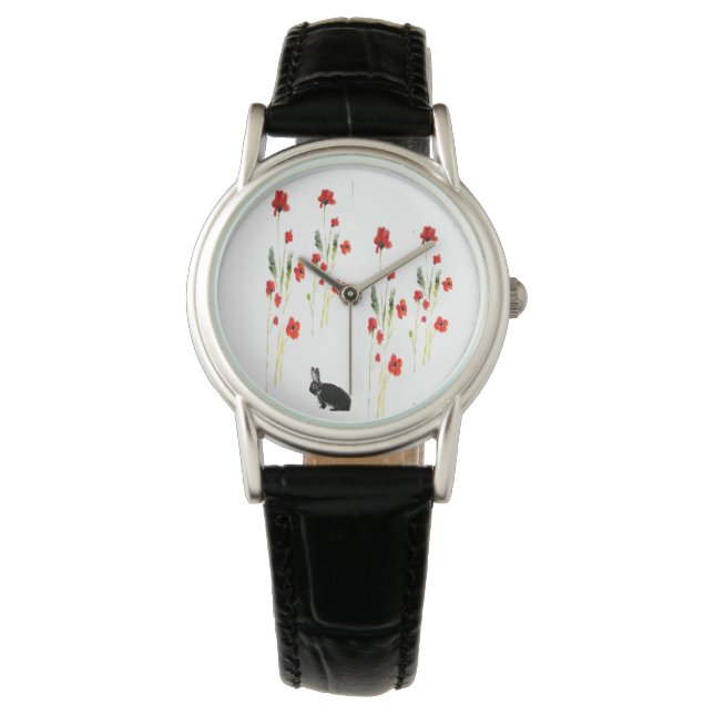 Poppy Flowers Bunny Rabbit Horloge (Voorkant)