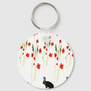 Poppy Flowers en een schattig konijnenkonijn Sleutelhanger