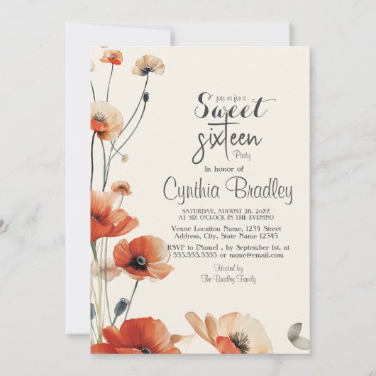 Poppy Flowers en Sweet 16 verjaardagsfeestje Kaart (Voorkant)