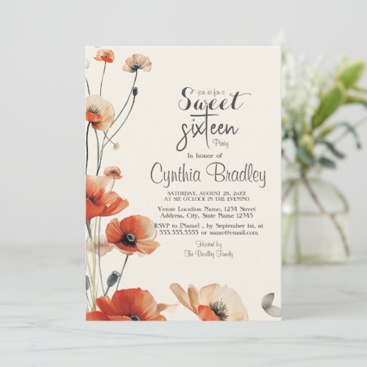 Poppy Flowers en Sweet 16 verjaardagsfeestje Kaart (Staand voorkant)