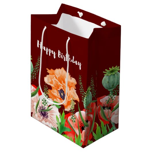 Poppy Flowers Happy Birthday Medium Cadeauzakje (Voorkant Gekanteld)