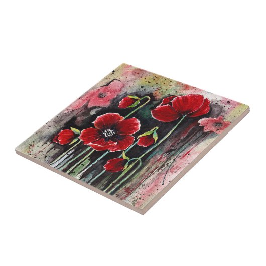Poppy Flowers in Waterverf Tegel Tegeltje (Zijkant)
