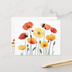 Poppy Flowers met Schattigee hommels Briefkaart